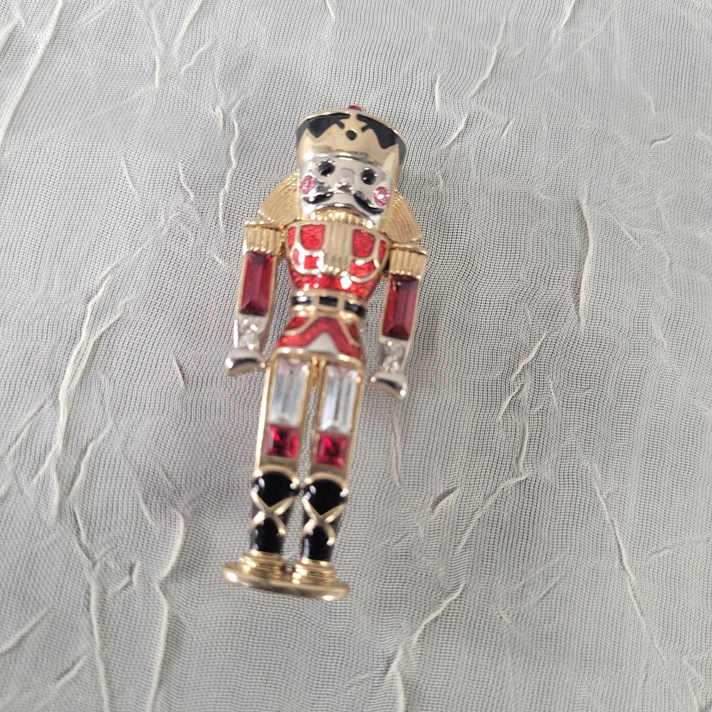 Monet Nutcracker Brooch Red Enamel & Rhinestone Holiday Toy Soldier Pin Jewelry